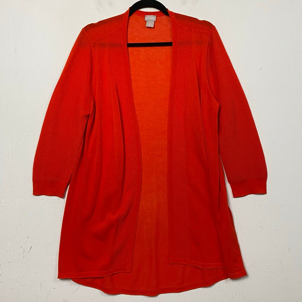 Chico's Red Cotton Lightweight Open Front Longline Cardigan Sweater Size Large
